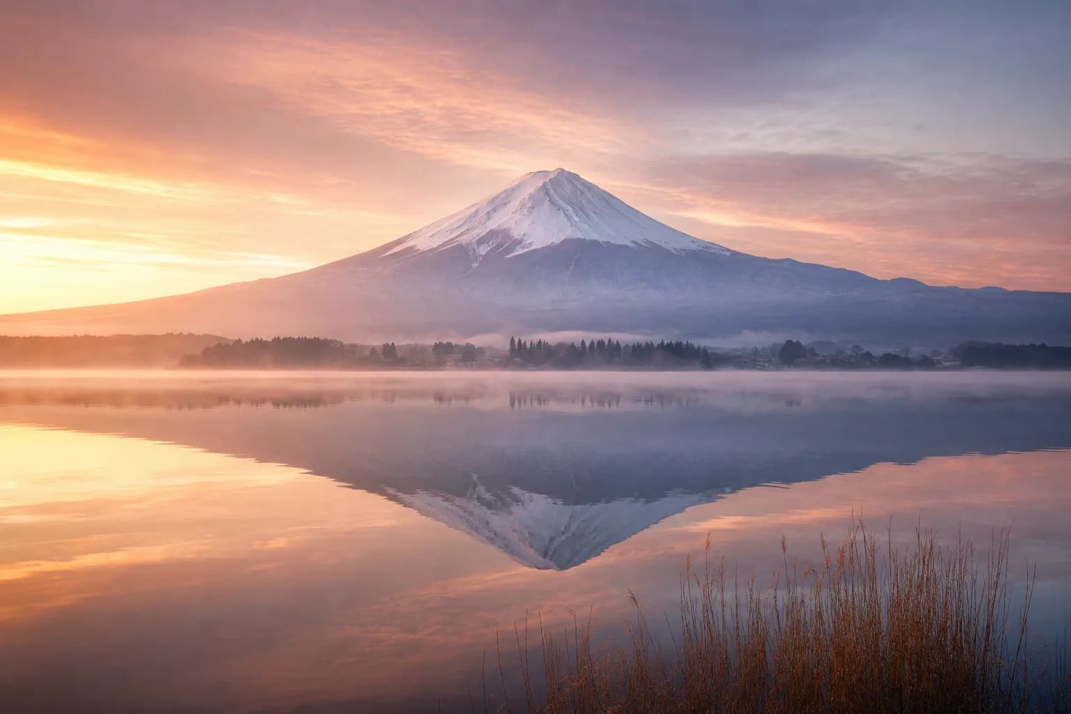 富士山と湖の朝焼け、長年の夢の象徴